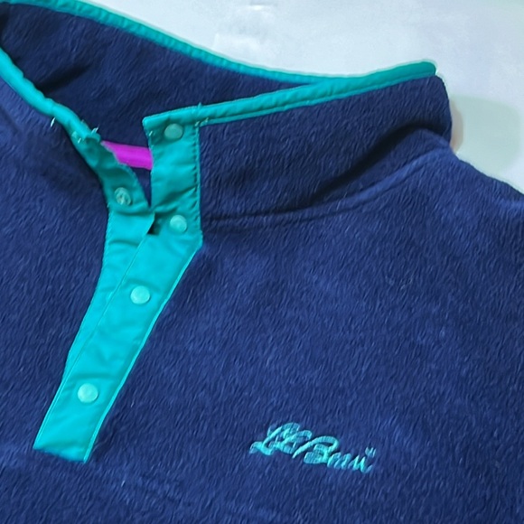 LL Bean BLUE FLEECE jacket aqua trim PULLOVER 4 snap neck, Mens 2XL side pockets - Picture 5 of 15
